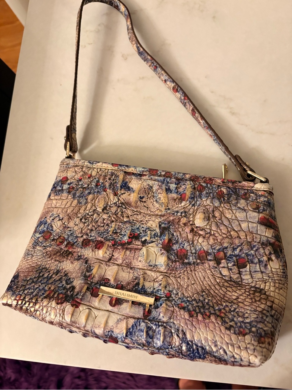 Brahmin Cream Multicolor Croc-Embossed Shoulder Bag